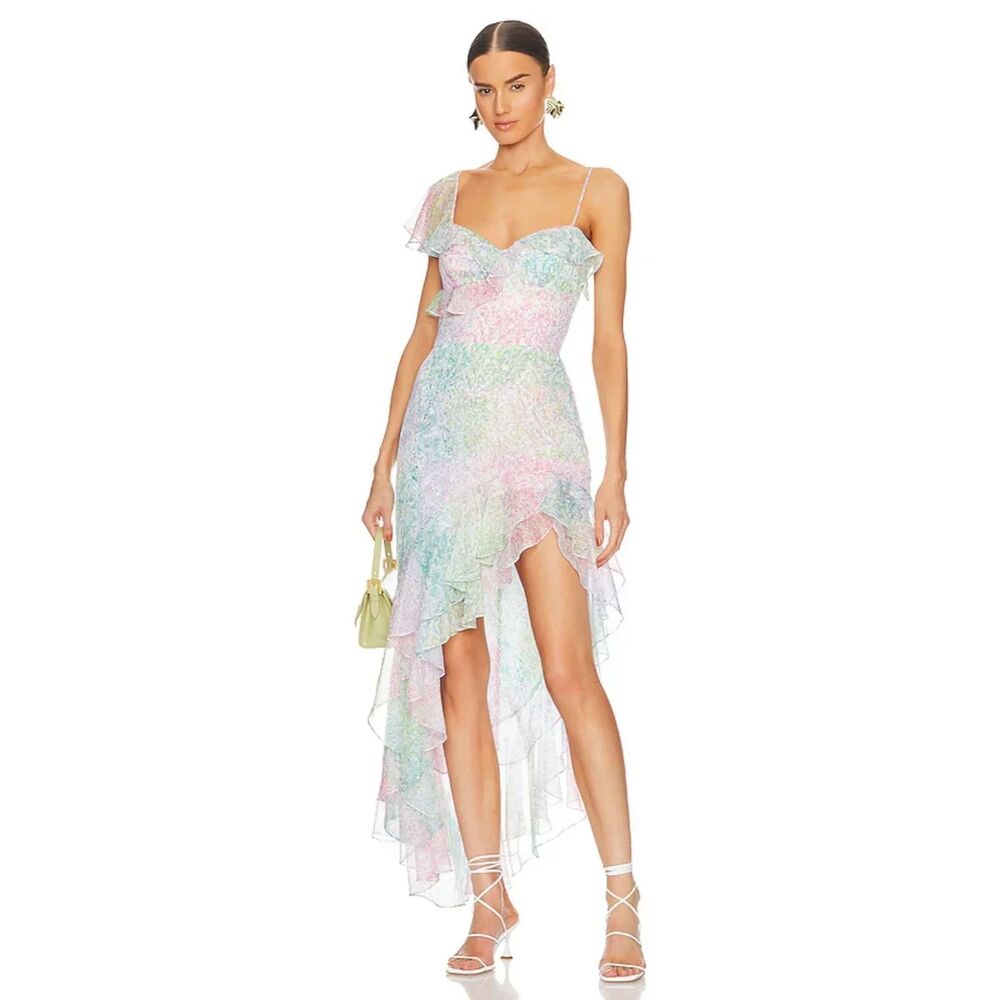 Amanda Uprichard Pastel Ruffle Asymmetrical Midi Dress Fairycore Coquette XS